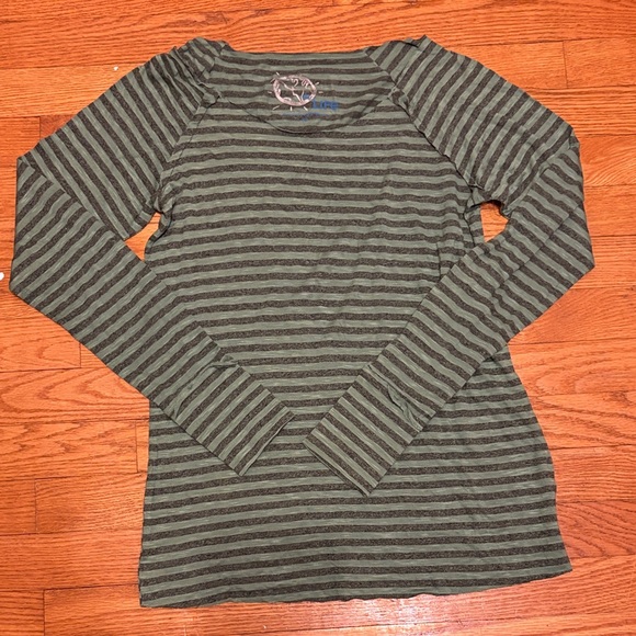 Blue Life Tops - Blue Life Green Striped Long Sleeve Tee with Raw Hem